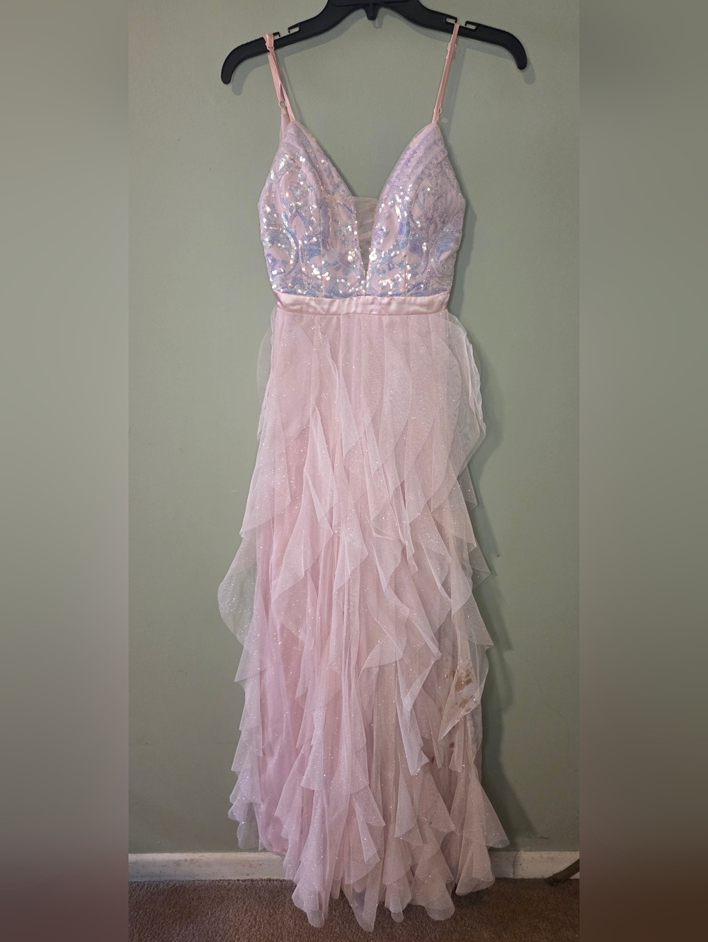 Pear Culture Pink Sequin Tulle Maxi Dress Lace Up Back Prom Gown Size 1/2
